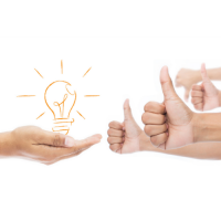 Image of a hand holding a light bulb and three hands with thumbs up, and one hand with thumbs down