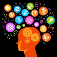 Illustration of human head surrounded by images representing science, arts, and other disciplines.