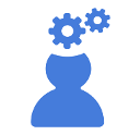 stick figure with two gears above head
