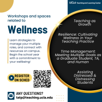 A flyer for the Wellness track in the 2023 TA Conference. The flyer includes text that says "Learn strategies to manage your multiple roles, and connect with resources on campus. Begin the school year with a commitment to your wellbeing!" "Teaching as Growth." "Resilience: Cultivating Wellness in your Teaching Practice." "Time Management: Meeting Multiple Goals as a Graduate Student, TA and Human." "Assisting Distressed and Distressing Students."