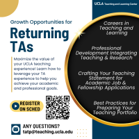 Flyer for the Returning TAs track in the 2023 TA Conference. Text in the flyer include "Maximize the value of your UCLA teaching expeirence! Learn how to leverage your TA experience to help you achieve your academic and professional goals." "Careers in Teaching and Learning." "Professional Development Integrating Teaching & Research." "Crafting your Teaching Statement for Academic Job & Fellowship Applications." "Best Practices for Preparing your Teaching Portfolio."