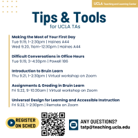 Flyer for the Tips and Tools track of the 2023 TA Conference. The flyer includes text that says "Making the Most of Your First Day." "Difficult Conversations in Office Hours." "Introduction to Bruin Learn." "Assignment & Grading in Bruin Learn." "Universal Design for Learning and Accessible Instruction."