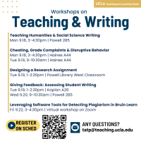 A flyer for the Teaching and Writing track in the 2023 TA Conference. The flyer include text that says "Teaching Humanities & Social Science Writing." "Cheating, Grade Complaints, & Disruptive Behavior." "Designing a Research Assistant." "Giving Feedback: Assessing Student Writing." "Leveraging Software Tools for Dectecting Plagairism in Bruin Learn."