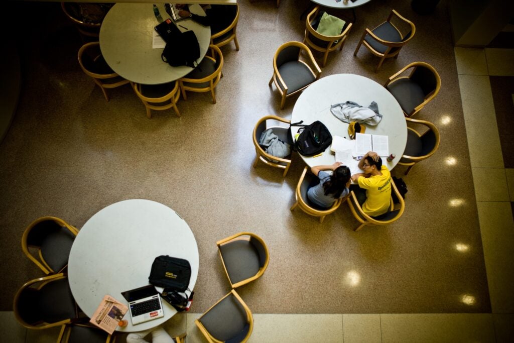 Aerial photo of study space with students at desks