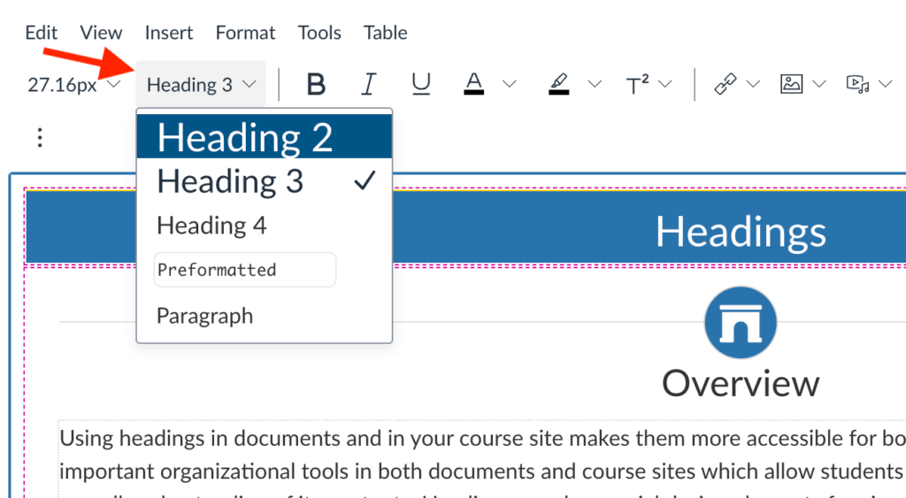 Screenshot of Bruin Learn dropdown menu with an arrow pointing to the header structure element