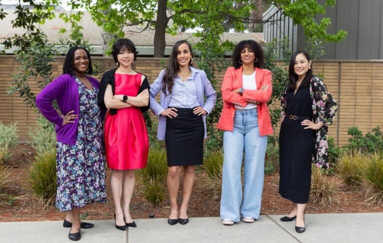The founding members of Women of Color in Academia at FSPH, Drs. Bo-Kyung Elizabeth Kim, Angie Otiniano Verissimo, Whitney Pirtle, May Sudhinaraset, and Courtney Thomas Tobin.