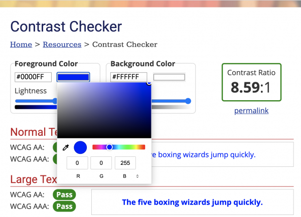 Screenshot of the WebAIM contrast checker, with an RGB selection pane open.