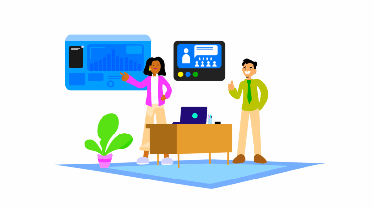 Two instructors in a classroom room pointing at a board of information