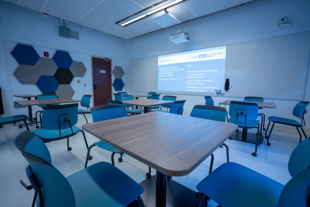 Empty classroom with teal chairs and desks with a projector on.