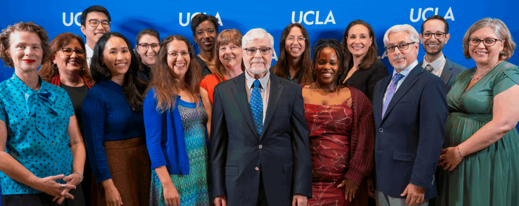Collection of award winners and academic leadership against a blue UCLA background