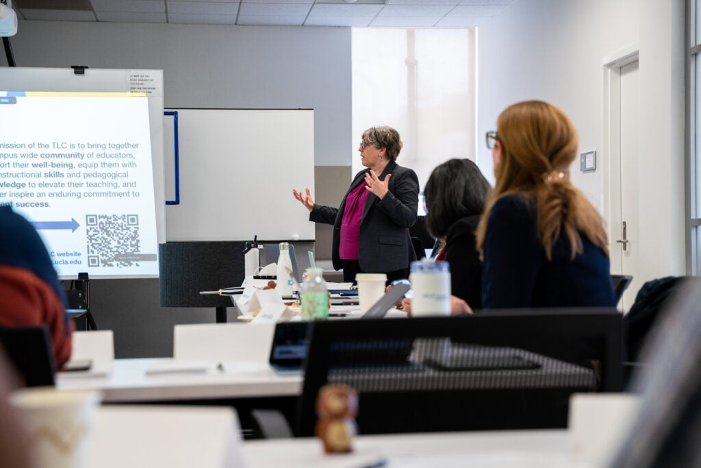 Vice Provost Erin sanders O'Leary speaks to a group of instructors at UCLA