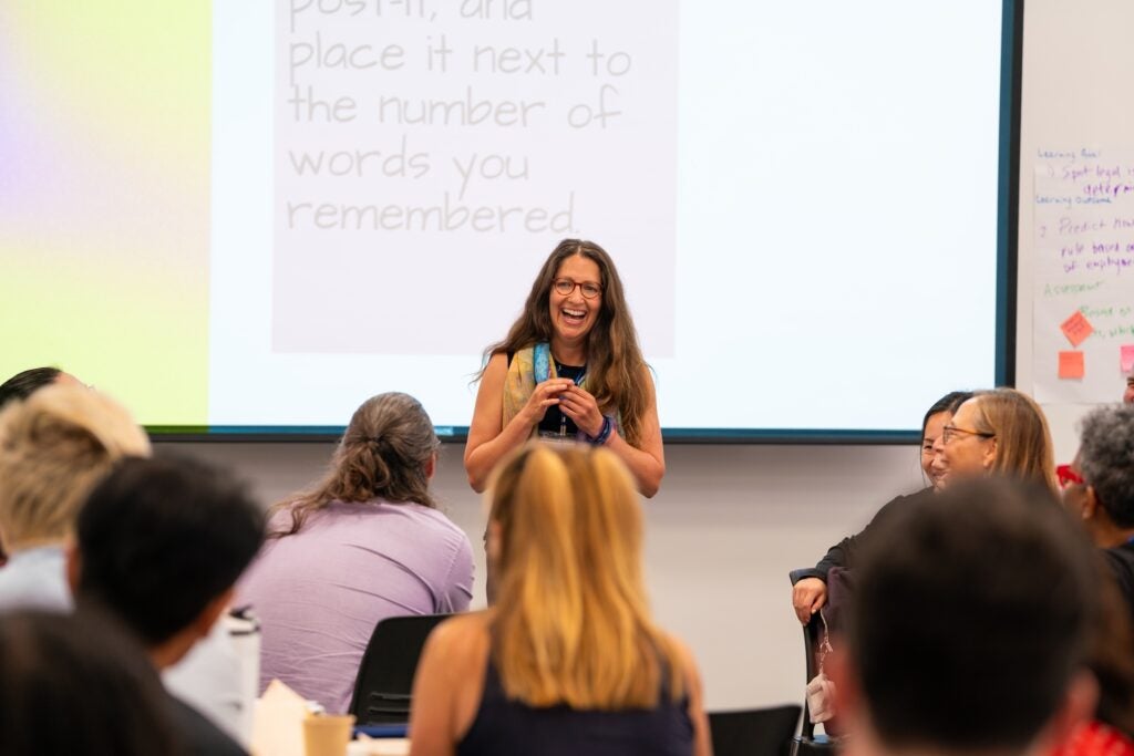 Shanna Shaked speaks to an audience of Summer Institute attendees in front of a projector.