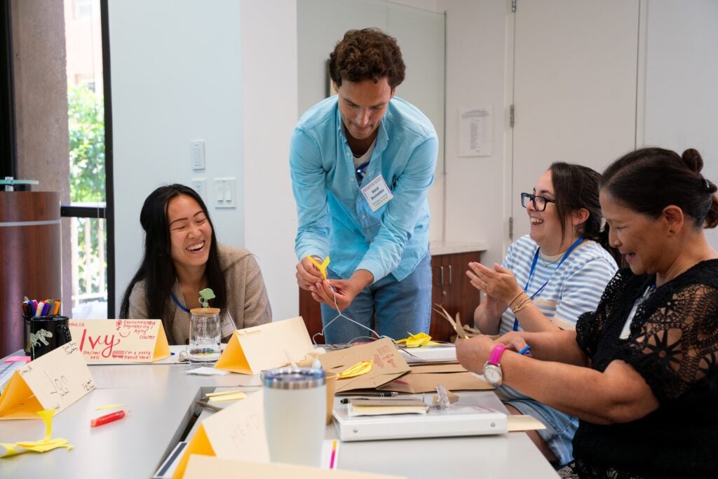 Summer Institute participants working together on a group project creating mobiles.