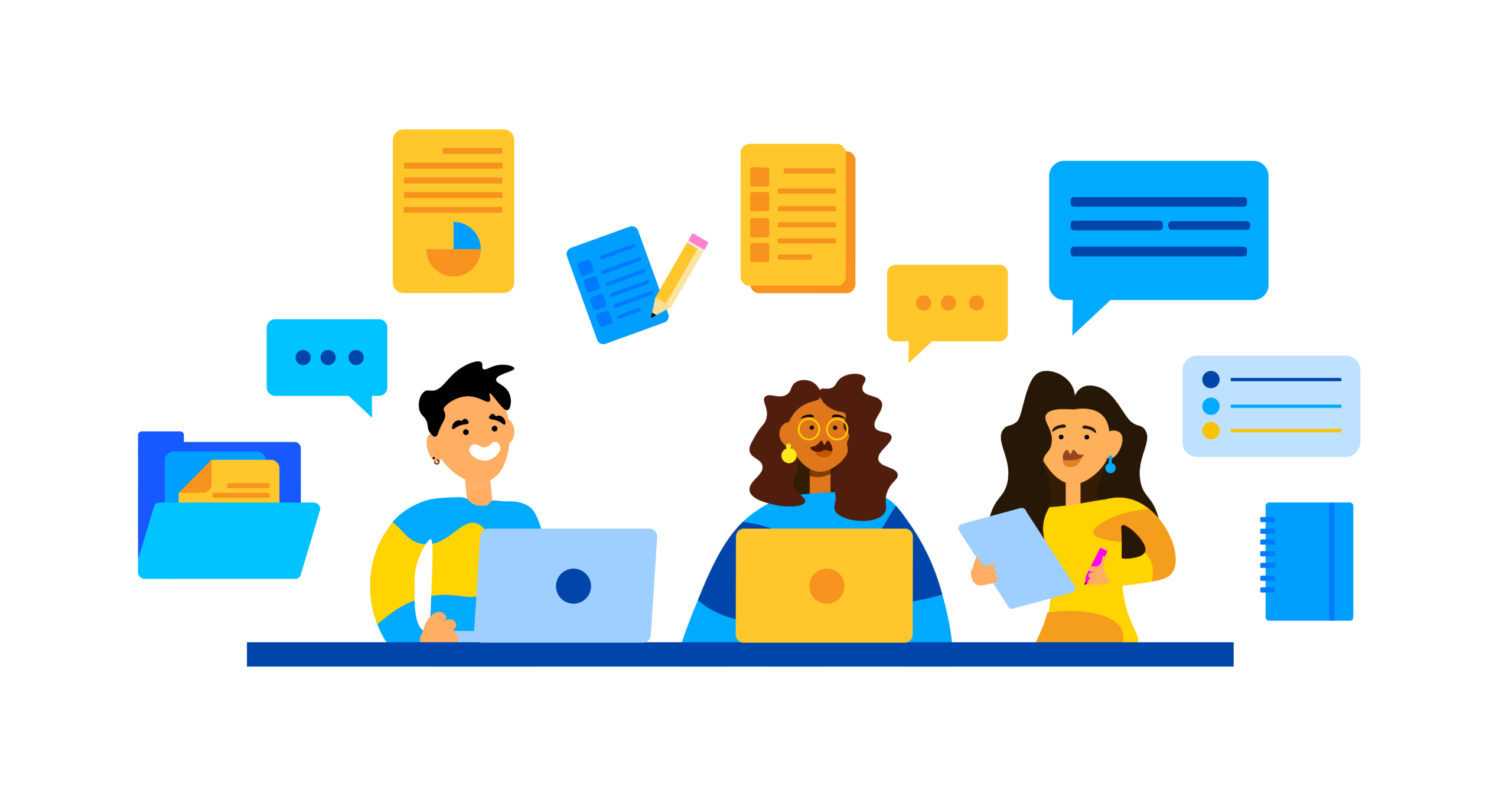 Illustration of three instructors reviewing assessment information on laptops and paper, surrounded by icons representing direct and indirect evidence, including student work, reports, surveys, feedback, and reflections.