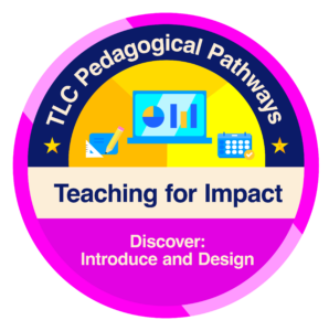 Bright magenta and yellow badge icon with an illustration of a calendar and computer. Text reads Teaching for Impact