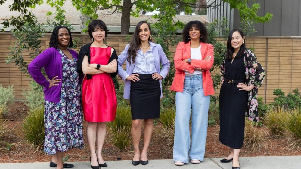 The founding members of Women of Color in Academia at FSPH, Drs. Bo-Kyung Elizabeth Kim, Angie Otiniano Verissimo, Whitney Pirtle, May Sudhinaraset, and Courtney Thomas Tobin.
