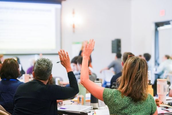 Backs of instructors with raised hands in a classroom