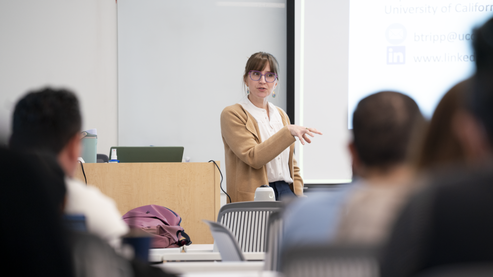 Scholarly Teaching Seminar speaker Brie Tripp lectures in front of the audience