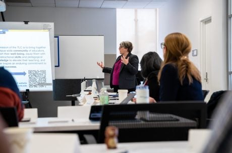 Vice Provost Erin sanders O'Leary speaks to a group of instructors at UCLA
