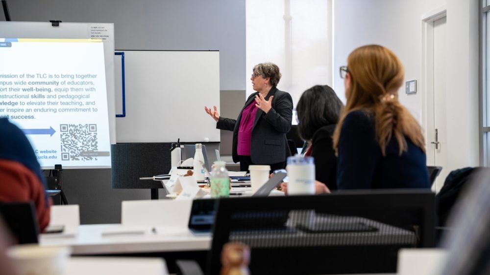 Vice Provost Erin sanders O'Leary speaks to a group of instructors at UCLA