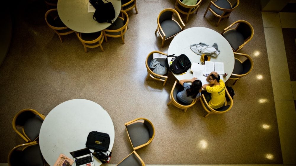 Aerial photo of study space with students at desks